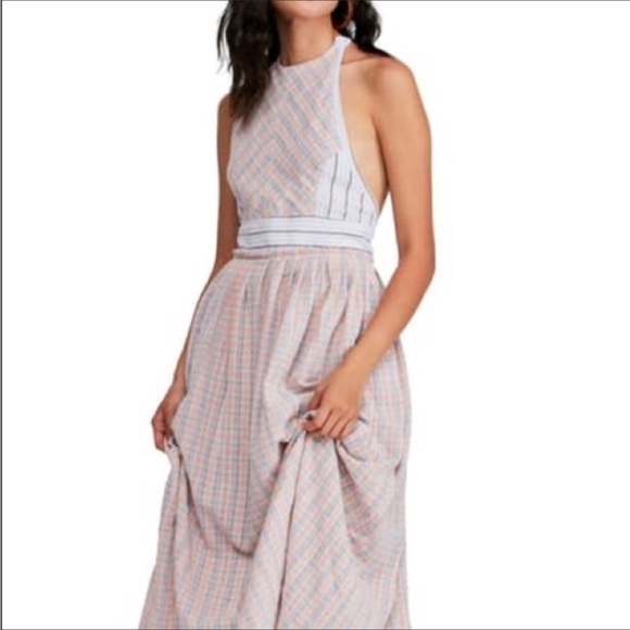 Free People Color Theory Halter Backless Plaid Boho Midi Dress NWT Size XS - Picture 4 of 11